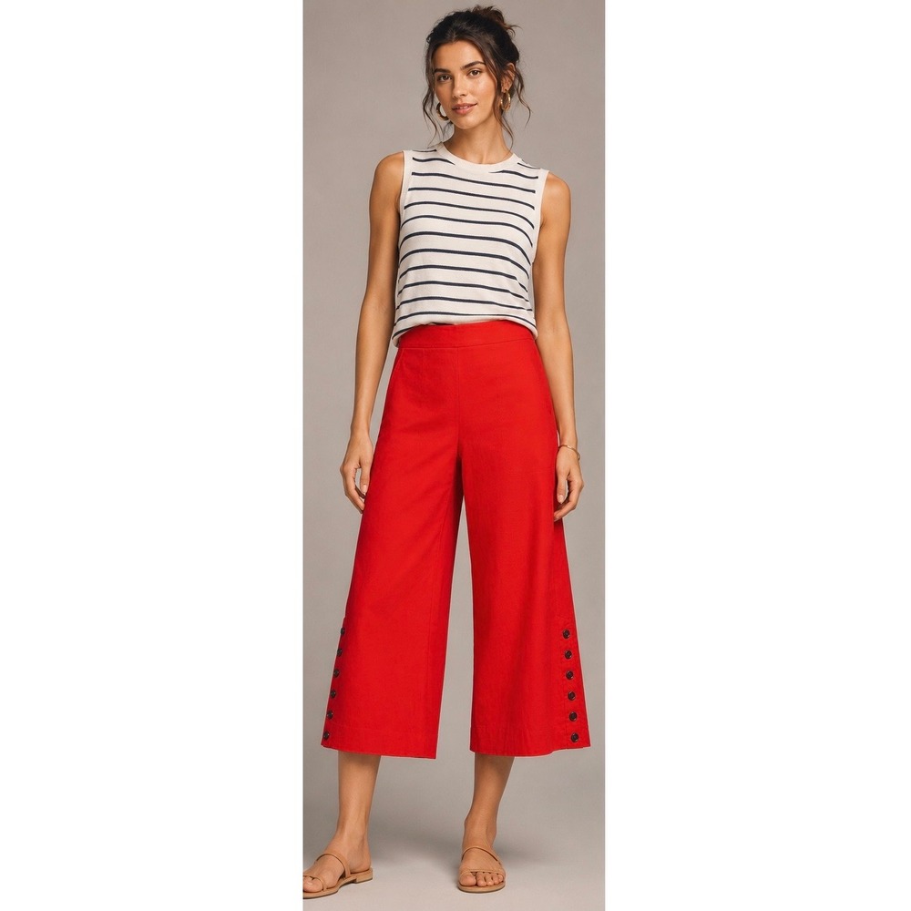 Anthropologie Red Linen Blend Wide Leg Culotte Pant Button Hem Crop Gaucho Sz 0